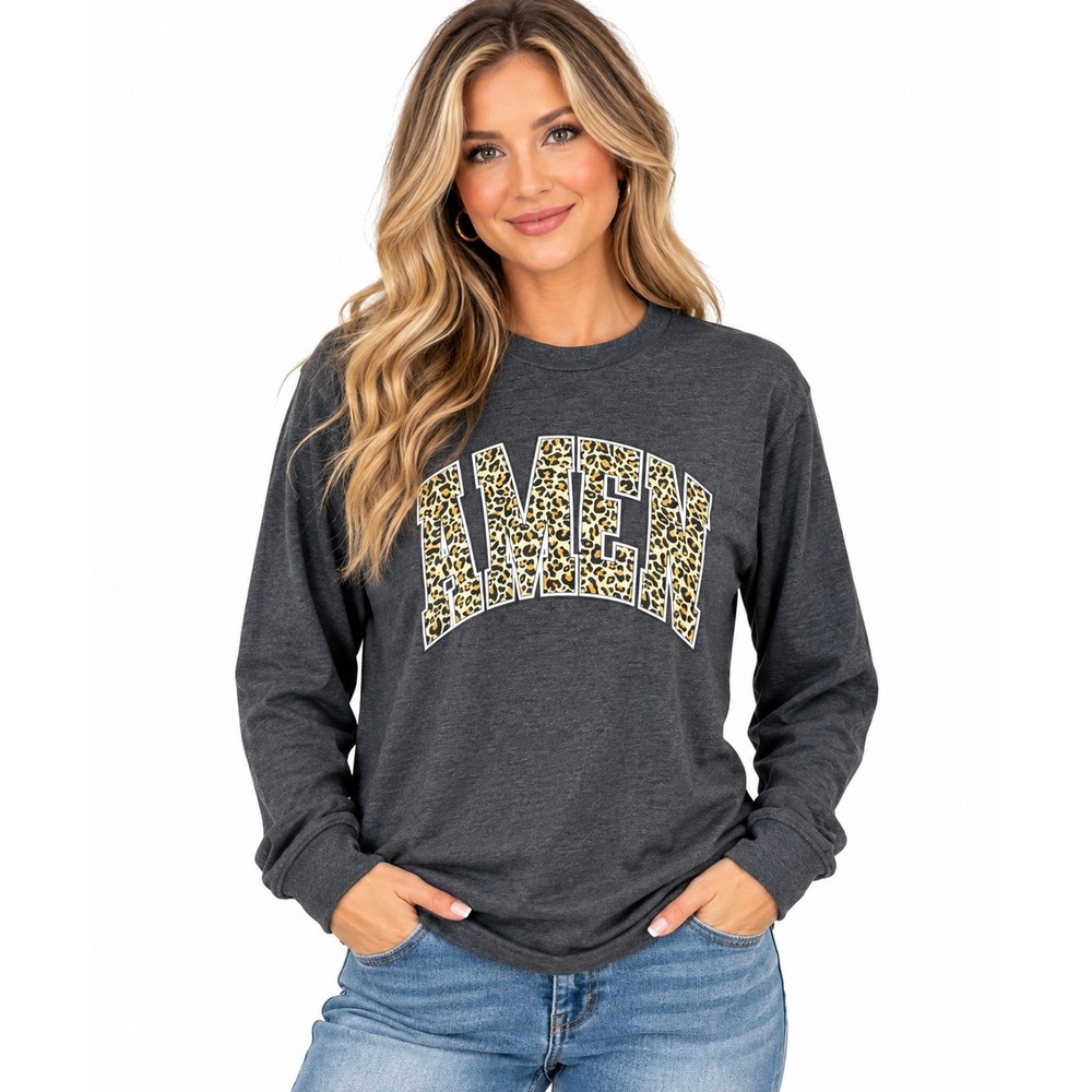 Love in Faith Amen Leopard Print Christian Graphic Long Sleeve Tee Size Large